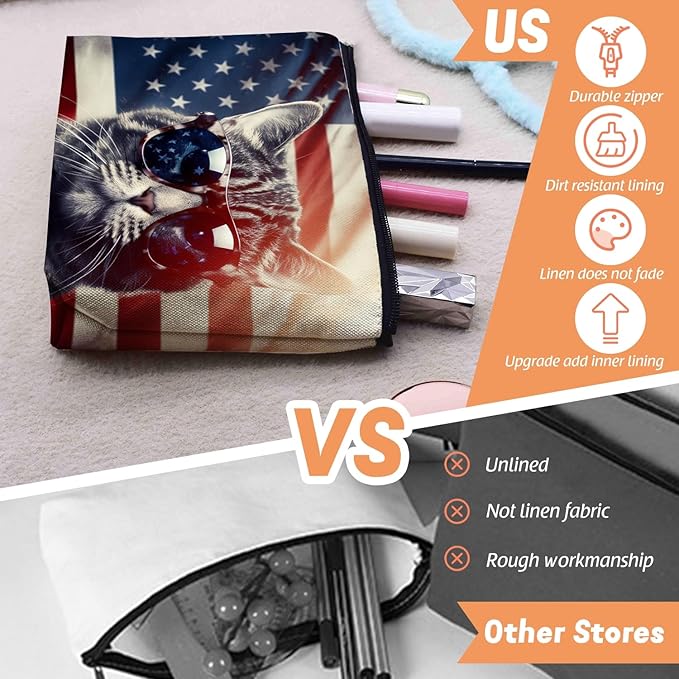 Cosmetic Bags Travel Makeup Toilet Case Waterproof Pouch for Women Girls 6.7X9.45inches - Cat Wearing Sunglasses With Flag Reflections in The Lenses