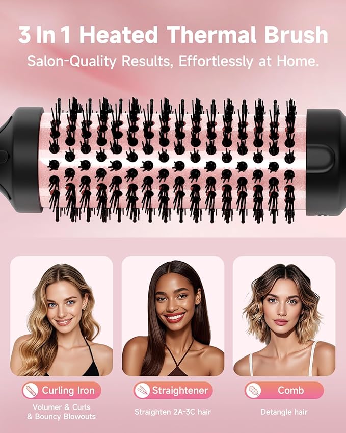 Thermal Brush, FLYZEMAA 1.5 Inch Curling Iron for Long Dry Hair, Heated Round Brush Straightener with 3 Temp Settings, 30s Fast Heat for Curling & Volumizing, Anti-Scald Nylon Bristles(Black)