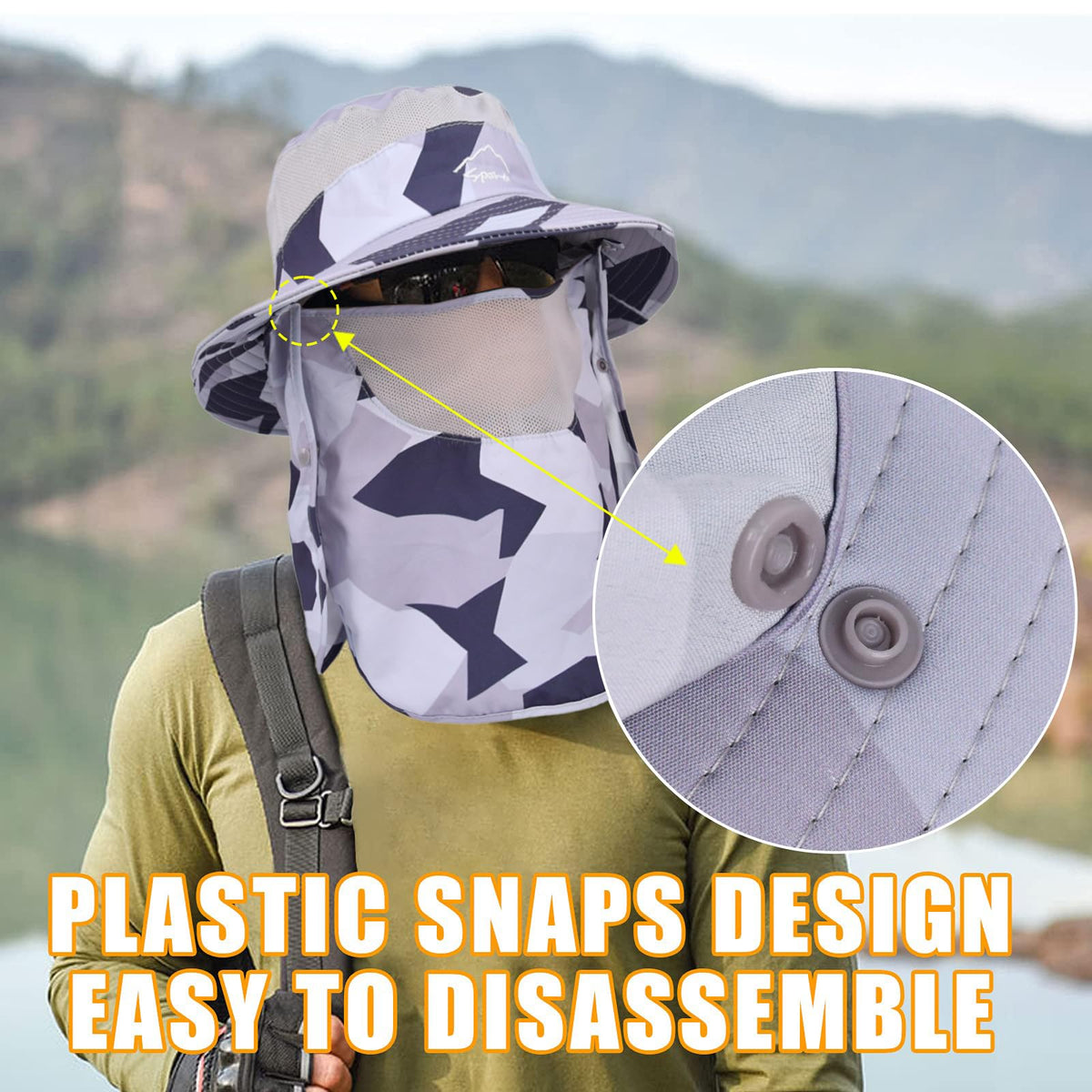 Sun Hats for Men Women Fishing Hat UPF 50+ Breathable Wide Brim Summer UV Protection Hat with Face Cover & Neck Flap (Camo Light Grey(with Face Cover & Neck Flap ))
