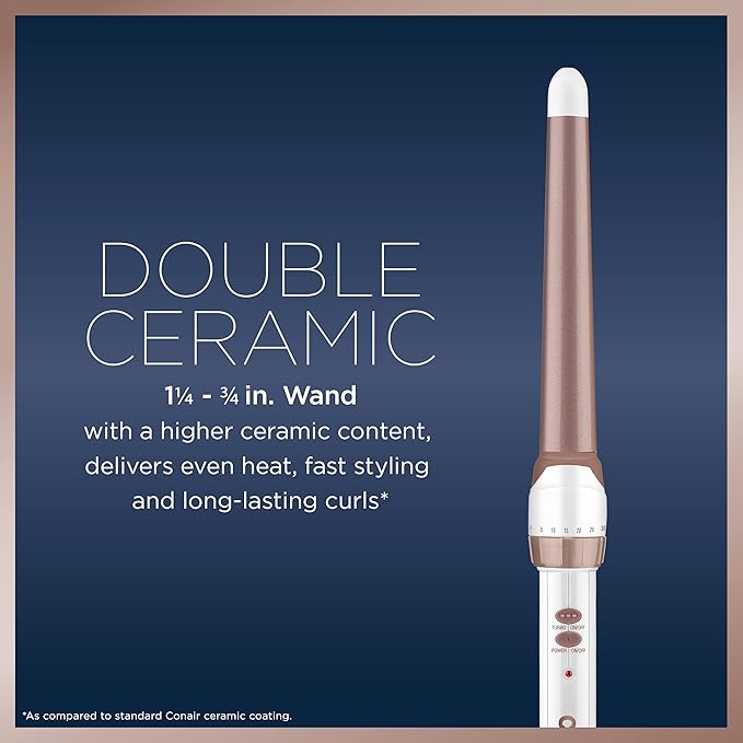 Conair Double Ceramic Tapered Curling Wand,Hair Wand Tapers 1¼ Inch to ¾ Inch to Produce Beachy Waves,30 Heat Settings,for All Hair Types and Textures,White,(Pack of 3)