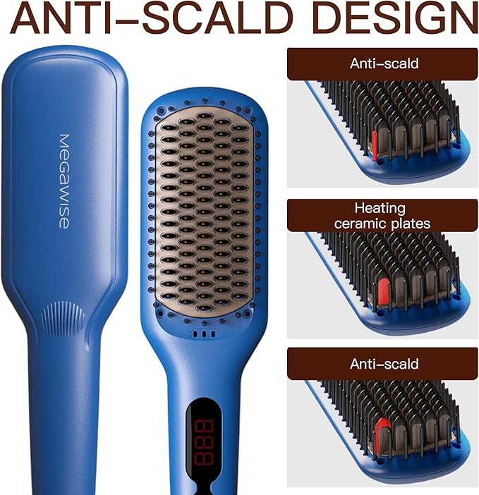 MEGAWISE Pro Ceramic Ionic Hair Straightener Brush for Home Salon | MCH Fast 20s Heating Tech with Auto-Off Safety | Anti-Scald with Universal Dual Voltage | Rotatable Power Cord (Gentian Blue)