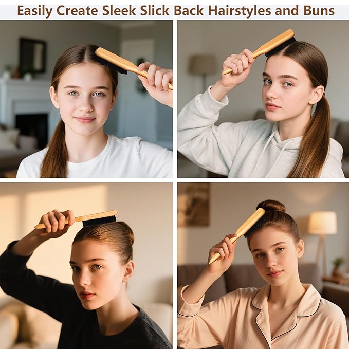Boar Bristle Slick Back Hair Brush for Smooth Flyaways, Frizz, Sleek Ponytail, Buns and Edge Baby Hair, Teasing | Gel Comb Styling Accessories for Girls, Kids and Women