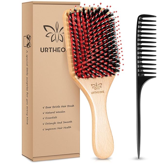 URTHEONE Hair Brush,Boar Bristle Hair Brushes and Hair Comb Set for Women Men Kids, Best Natural Wooden Paddle Hairbrush for Wet or Dry Hair