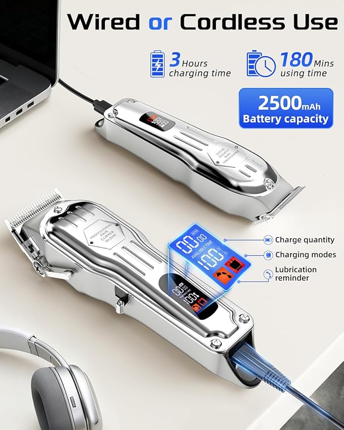 KIKIDO Hair Clippers Professional Cordless for Men, Barber Clippers for Hair Cutting Kit, Wireless LCD Display Hair Trimmers Set, Rechargeable Haircut Machine for Family (Sliver)