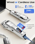 KIKIDO Hair Clippers Professional Cordless for Men, Barber Clippers for Hair Cutting Kit, Wireless LCD Display Hair Trimmers Set, Rechargeable Haircut Machine for Family (Sliver)