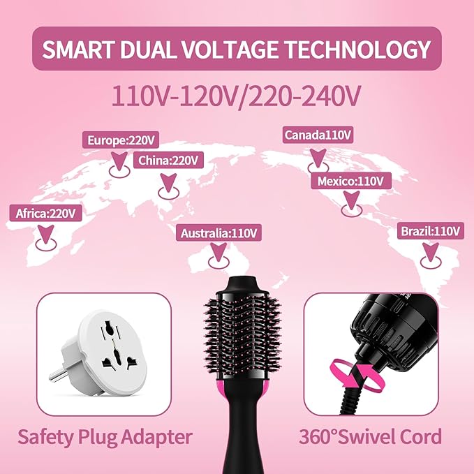 Dual Voltage Hair Dryer Brush with Negative Ion Anti-frizz Styler - Hot Air Volumizer for 110V-120V/220V-240V European and Travel Use