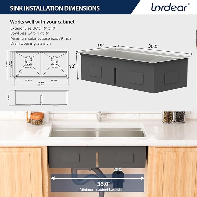 Lordear 36 Inch Undermount Kitchen Sink Double Bowl Stainless Steel Kitchen - Image 5