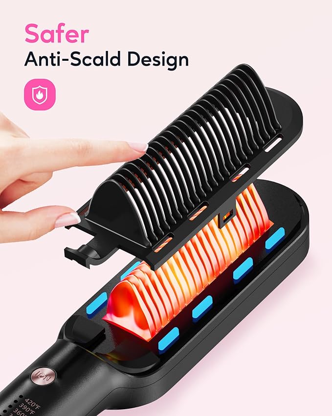 Wavytalk Hair Straightener Brush,Sleek Sweep Ionic Straightening Brush with 6 Temperature Adjust, Anti-Scald Ceramic Hair Straightener Comb Fast Heating for Home Salon, Dual Voltage, Rose Gold