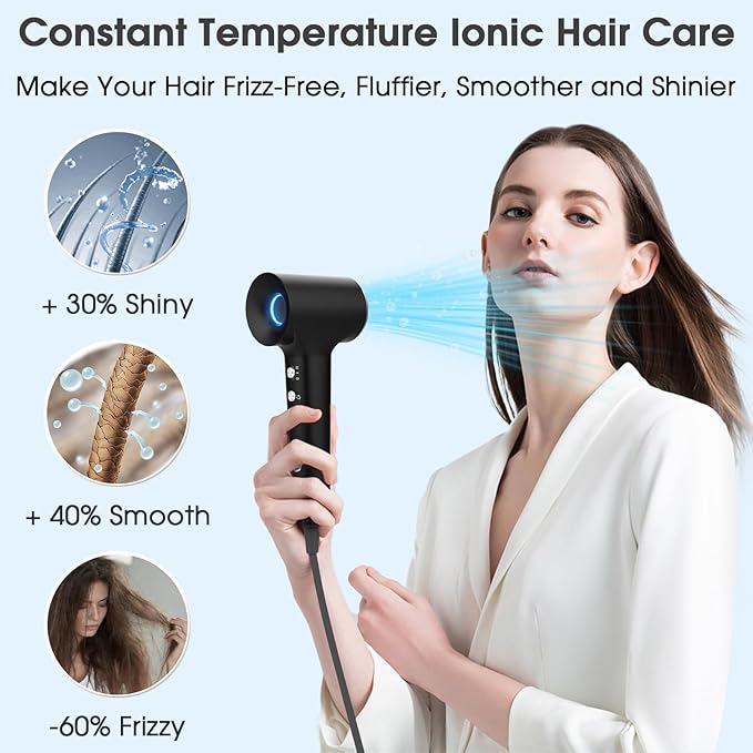 KARFUN Hair Dryer, 110000 RPM High-Speed Brushless Motor Fast Drying Blow Dryer, 57dB Low Noise Hair Dryer for Home or Travel, 3 Temps & 2 Speeds (Black)