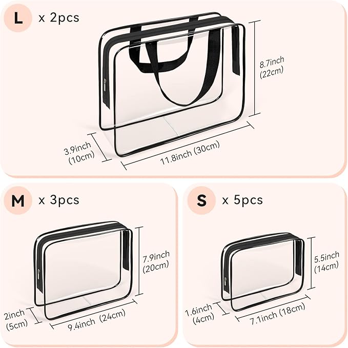 TISRATOK 10 PCS Clear Travel Makeup Toiletry Bag, Plastic PVC Cosmetic TSA - Image 2