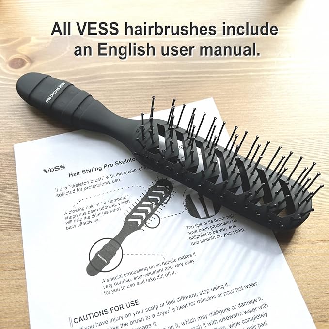 VESS Hair Styling Pro Skeleton Brush-Matte Black-7 Row Nylon Brush, SPR-1200, Made in Japan