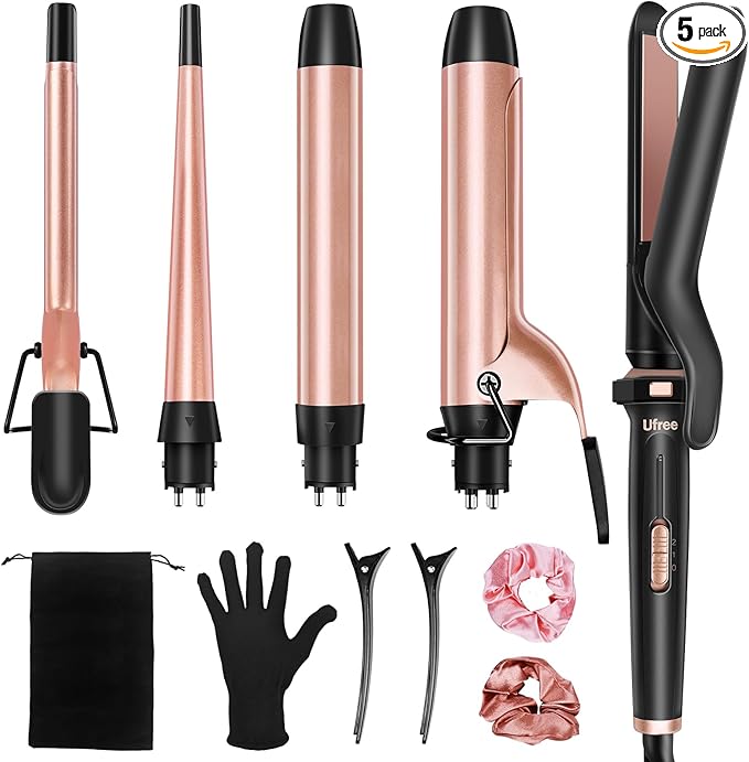 Ufree 5 in 1 Curling Iron with Interchangeable Ceramic Barrels (0.35"-1.25"), Curling Wand Set with Flat Iron Hair Straightener, Instant Heat Up, Dual Voltage Hair Curler, Gifts for Women