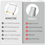 KINGTEE 5-in-1 Electric Bikini Trimmer for Women – IPX7 Waterproof Shaver, Cordless Body & Facial Razors for Women, Ceramic Blades, USB-C Rechargeable, Painless Hair Removal Kit (White)
