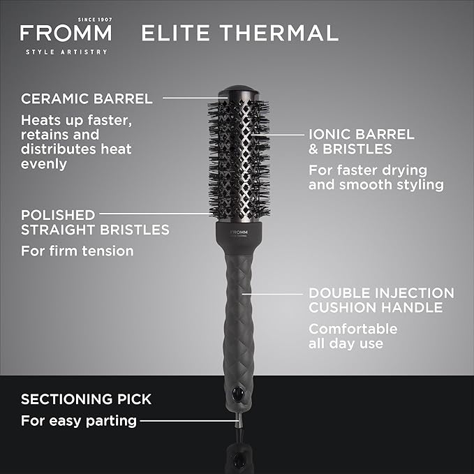 Fromm Elite Thermal Ceramic x Ionic 1.25" Round Brush for Expert Blowouts and Faster Hair Drying | Roller Hairbrush for Anti-static Styling, Smoothing, Straightening and Shine