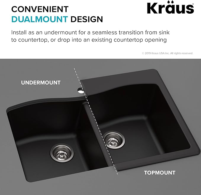 KRAUS Forteza™ 33” Dual Mount 60/40 Double Bowl Granite Kitchen Sink in Black - Image 6