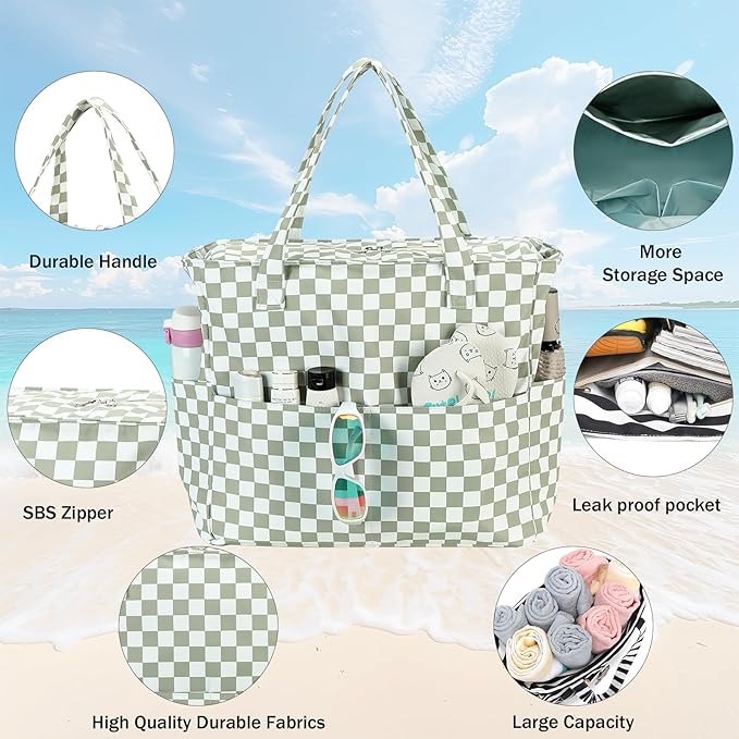 LEDAOU Large Beach Tote Bag Women Waterproof Sandproof Zipper Beach Tote Bag - Image 5