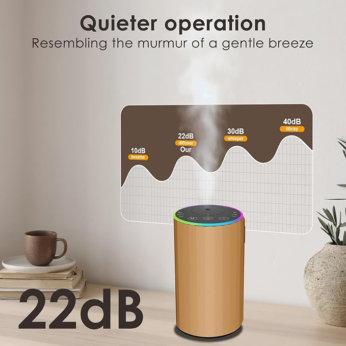 Waterless Essential Oil Diffuser, Battery Powered Mini Scent Air Machine, Aromatherapy Mist Diffuser for Home Room Car Office (Gold)