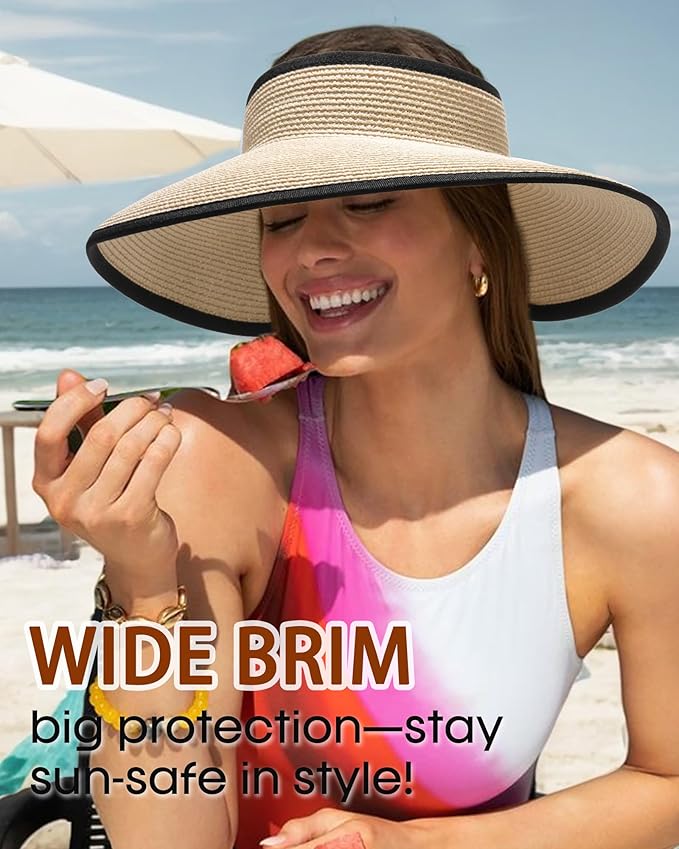 Womens Sun Visor Hats Wide Brim Straw Beach Hat UV Protection Ponytail Packable - Image 2