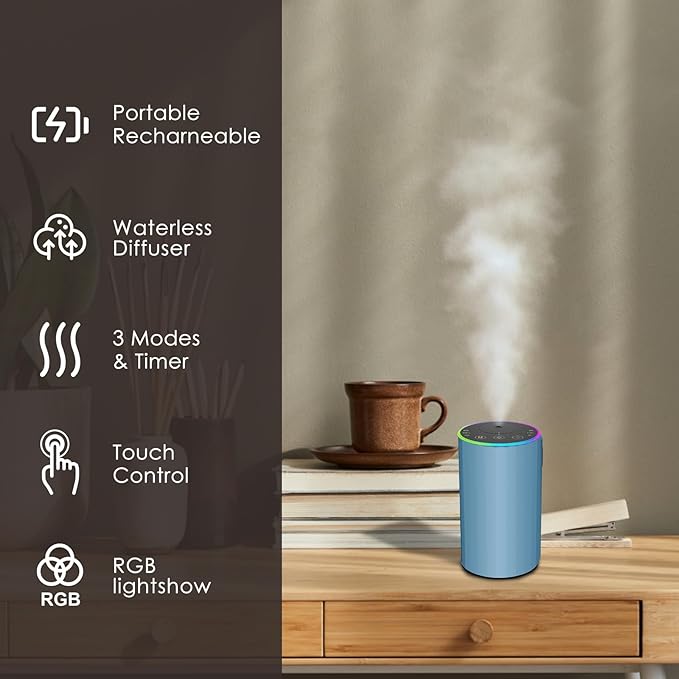 Waterless Essential Oil Diffuser, Battery Powered Mini Scent Air Machine, Aromatherapy Mist Diffuser for Home Room Car Office (Blue)
