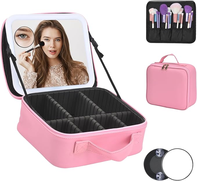 Travel Makeup Bag With LED Mirror, Makeup Travel Train Case with 3 Color Setting by Unknown