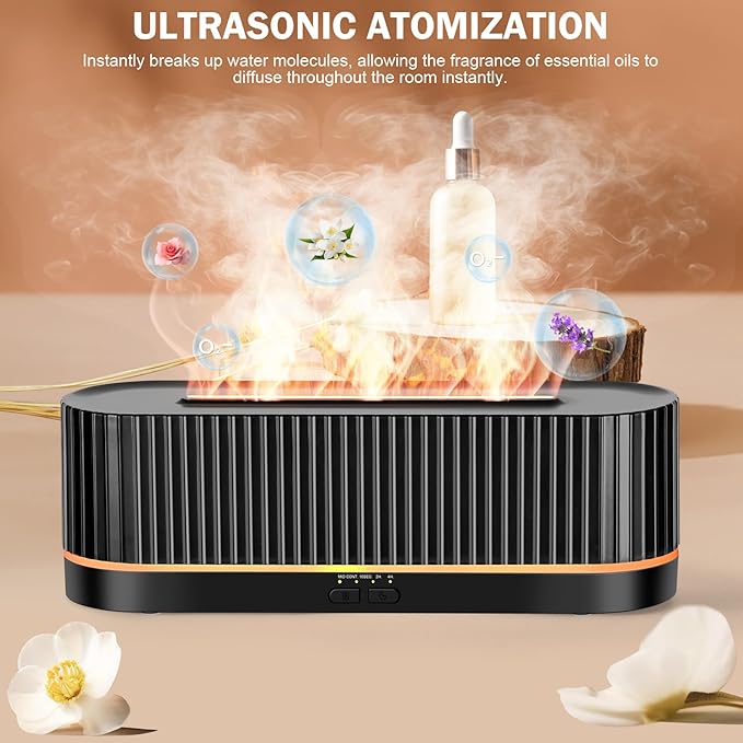 Essential Oil Diffuser，Colorful Flame Fire Diffuser Humidifier，Scent Aroma Diffuser, 7 Colors Changing Oil Diffuser for Home,Office(Remote Control，Timeable, Waterless Auto off-260ml) (Black)