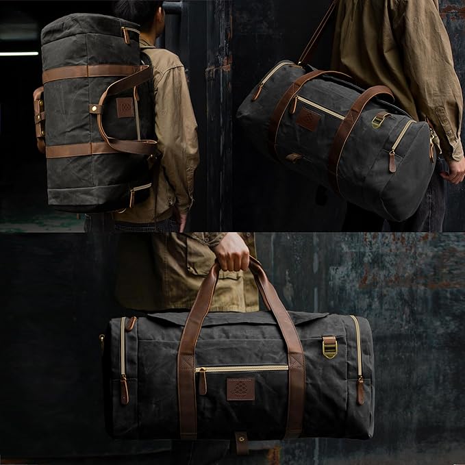 60L Duffle Bag for Men, Nomad Waxed Canvas Travel Duffel Bag Vintage Genuine - Image 3