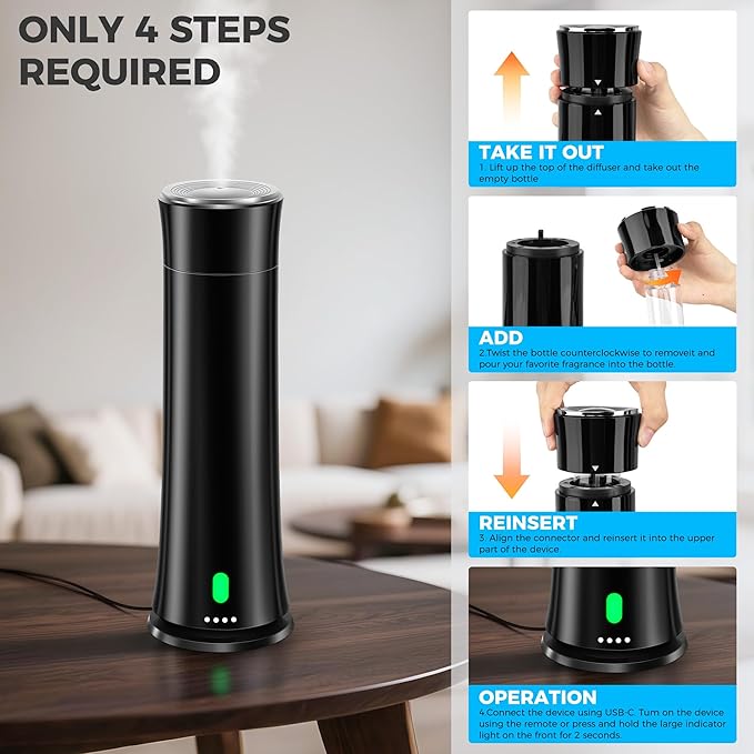 Hotel Scent Diffuser Starter Kit - 1500 Sq Ft Coverage, Hotel Scents Collection, Suitable for Waterless Diffuser Large Room, Contains Five Aromatherapy Essential Oils, Remote Control, Black
