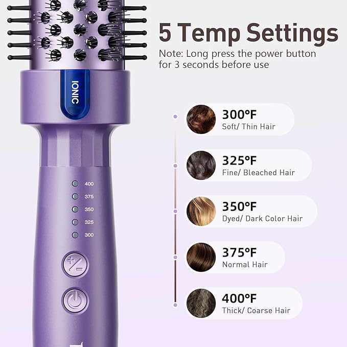 1.5 Inch Thermal Brush Blowout with 5 Temp Settings, Universal Voltage Hair Curling Iron, Ceramic Ionic Thermal Round Curling Brush Suitable for Medium and Long Hair, Purple
