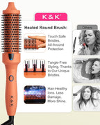 K&K Thermal Brush, 1 1/2 inch Heated Round Brush with Detachable Head, Velvet Pouch and Dual Voltage for Travel, Easy to Create Blowout Look, Cosmic Orange