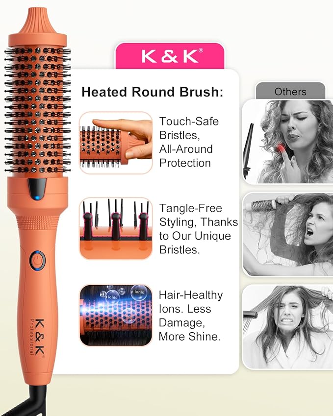 K&K Thermal Brush, 1 1/2 inch Heated Round Brush with Detachable Head, Velvet Pouch and Dual Voltage for Travel, Easy to Create Blowout Look, Cosmic Orange