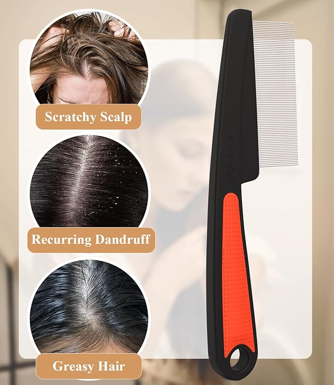 Dandruff Comb Fine Tooth Scalp Detox Comb Lice for Women, Men & Kids Stainless Steel Scalp Detoxing, Sweep & Massage Hair Brush Tool for Hair Care (3PC Black+Red)