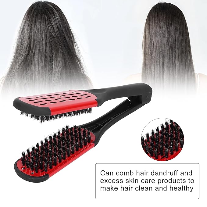 Clamp Hair Straightening Brush - Double-Sided Bristle Brush for Hair Straightening, Styling and Hairdressing for Women and Men (Red)