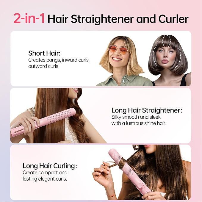 Hahahope Hair Straightener Curler 2-in-1: 1.25" Flat Iron for Women - Curling Wand 360° Airflow Cooling Vents Titanium Ionic for Less Frizz - 5 Temps & Auto Off Dual Voltage (Pink)