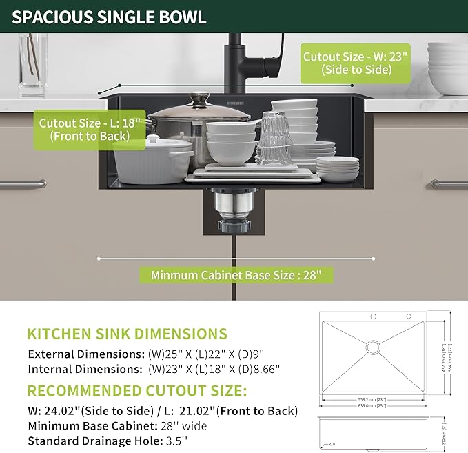 Black Drop-In Kitchen Sink 25 x 22 inch, SINKVINE PVD Nano Stainless Steel Sink - Image 4