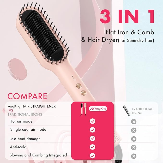 Hair Straightener Brush with Hot & Cool Air, AngKng Anti-Scald Heat Comb Straightener for Straightening Hair, 30s Fast Heating, Hot Air Straightening Brush for Women, Dual Voltage for Travel, Pink