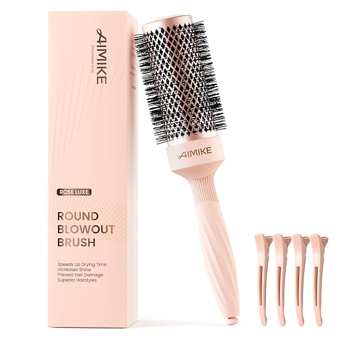 AIMIKE Round Brush for Blow Out, Rose Luxe Medium Round Hair Brush w/Nano Thermal Ceramic Tech, for Blow Drying & Styling Volumizing Shoulder Length Hair, with 4 Clips (Barrel 1.7", Bristle 2.5")