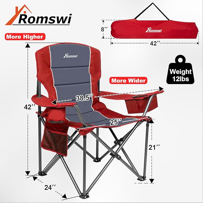 Romswi Oversized Camping Chairs, Heavy Duty Support 500 LBS, Padded Back & Arm - Image 2
