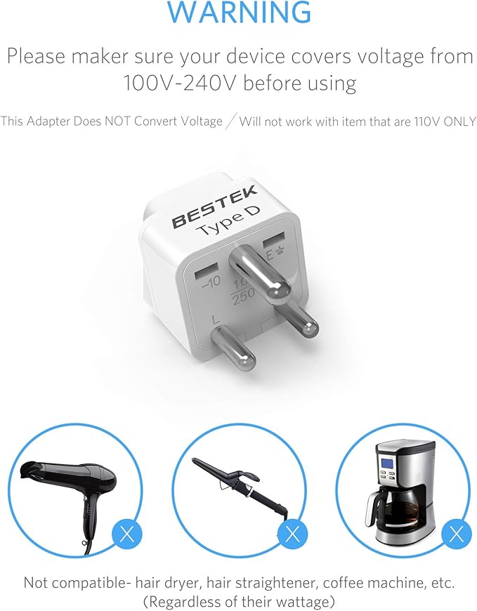 BESTEK India, South Africa Travel Plug Adapter, Grounded Universal Type D Plug - Image 6