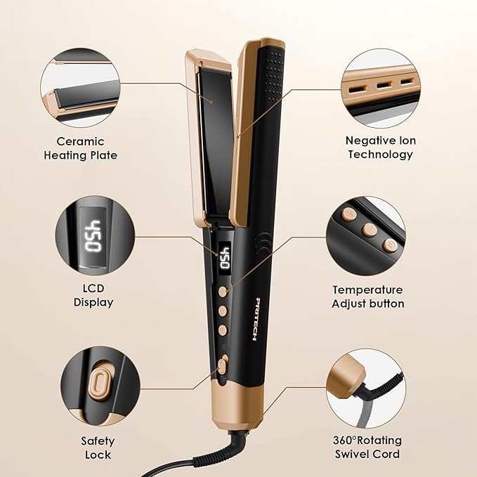 Hair Straightener Flat Iron, 1 3/4" Wide Ceramic Plates Ionic Dual Voltage Straightener for Thick Hair Women, 210℉-450℉ Fast Heating for Shiny and Smooth Results