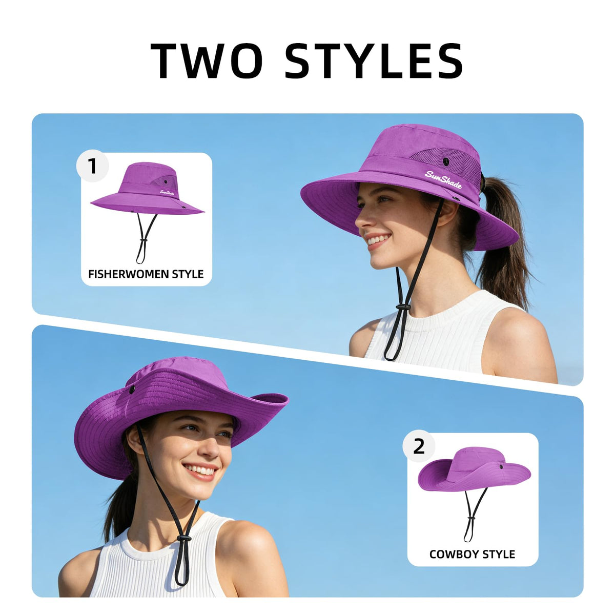 Ponytail Sun Bucket Hats for Women UV Protection Foldable Wide Brim (1 Pack-pure Purple)