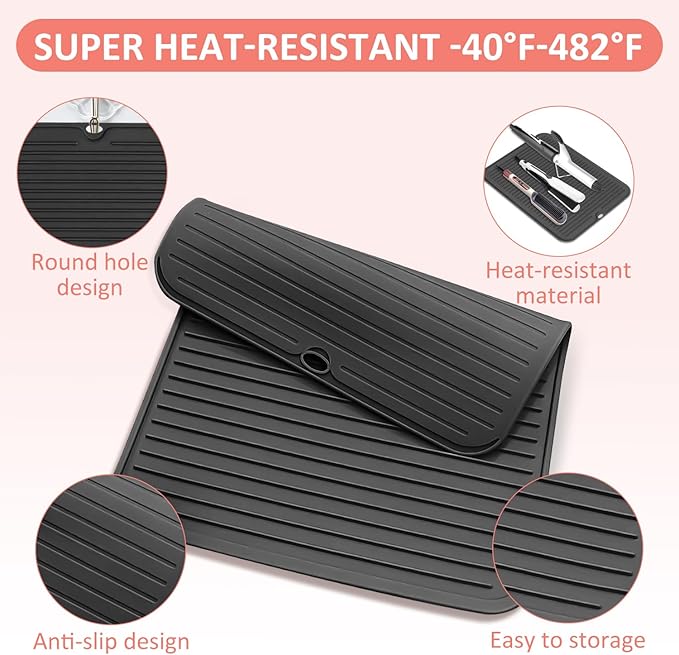 Quccefods Large Heat Resistant Silicone Mat for Hair Tools: Curling Iron, Flat Iron, Hair Straightener - Portable Hair Styling Pad Cover