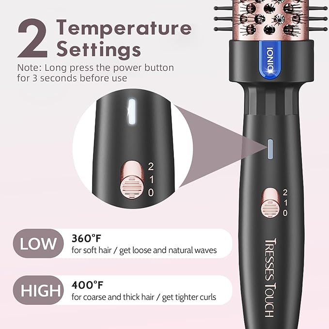 Thermal Brush 1.5", Thermal Round Curling Brush with 2 Settings, Long Lasting Universal Voltage Heated Curling Iron for All Hair, Tourmaline Ceramic, Negative Ion Technology, Rose Gold