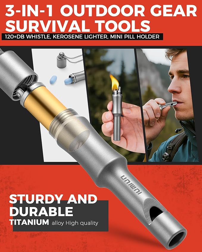 3-in-1 Fire Starter Survival Tool -Titanium Emergency Whistle, Kerosene Lighter - Image 2