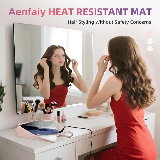 2-in-1 Heat Resistant Mat & Bag for Hair Styling Tools, Hanging Curling Iron Holder Flat Iron Holder with Zip, Portable Hot Hair Tools Travel Bag, Hair Straightener Mat Pouch for Countertop