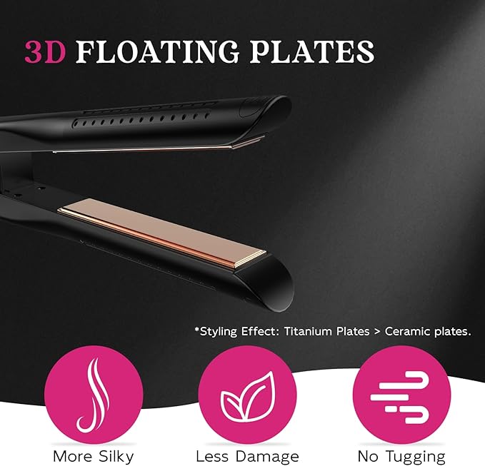 SKIMI Airflow Styler, Titanium Flat Iron Hair Straightener, Professional Curling Iron with Cooling Air Vents to Lock in Style, 5 Temps & Dual Voltage, Auto Off (Black & Yellow Rose).