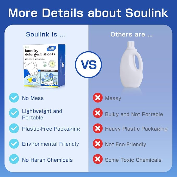 Soulink Laundry Detergent Sheets Fresh Linen Scent 240 Loads，Eco Friendly - Image 5