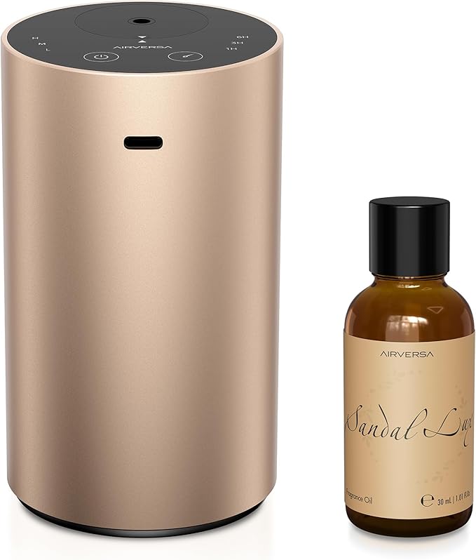 Waterless Essential Oil Diffuser Starter Kit with 30mL Sandal Lux Fragrance Oil, Premium Metal, Battery Operated Mini Scent Air Machine Portable Diffuser for Home Car Office, Desert Titanium ADX Kit