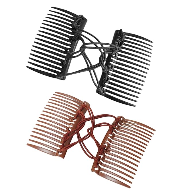 2 Pcs Plastic Elastic Double Hair Comb - Adjustable Elastic Bun Comb & Clip for Curly, Thick, Wavy Hair