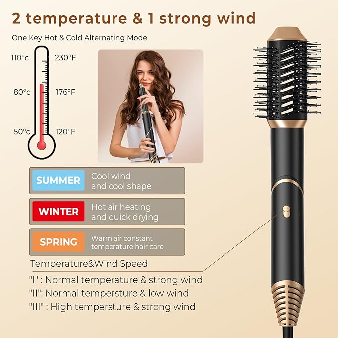 6 in 1 Hair Dryer Brush, Foldable Blow Dryer Brush with Wrap Curler, Detachable Air Hair Styler Curling, Drying,Volumizing, Straightening, Negative Ionic Hair Dryer with Diffuser, Hair Styling Tools