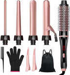 5 in 1 Curling Iron & Thermal Brush Set with 4 Interchangeable Ceramic Barrels (0.35”-1.25”) Fast Heat Dual Voltage Travel Hair Tools Birthday Gift for Women - Hair Curler Wand Kit for Curls & Blowout